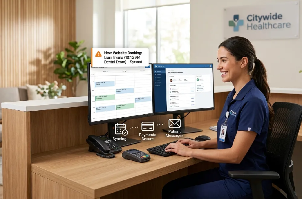 female booking an appointment in a medical facility